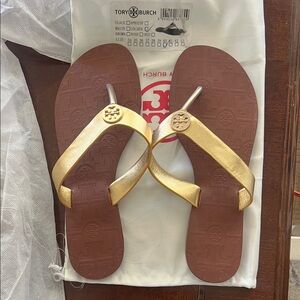 Tory Burch Metallic Gold Thong Sandals with Brown Footbed